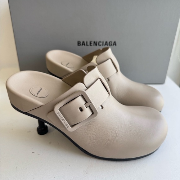 Balenciaga Mallorca Stiletto Heels Mules Leather Taupe 80MM NWB Sz 35 - Picture 1 of 8